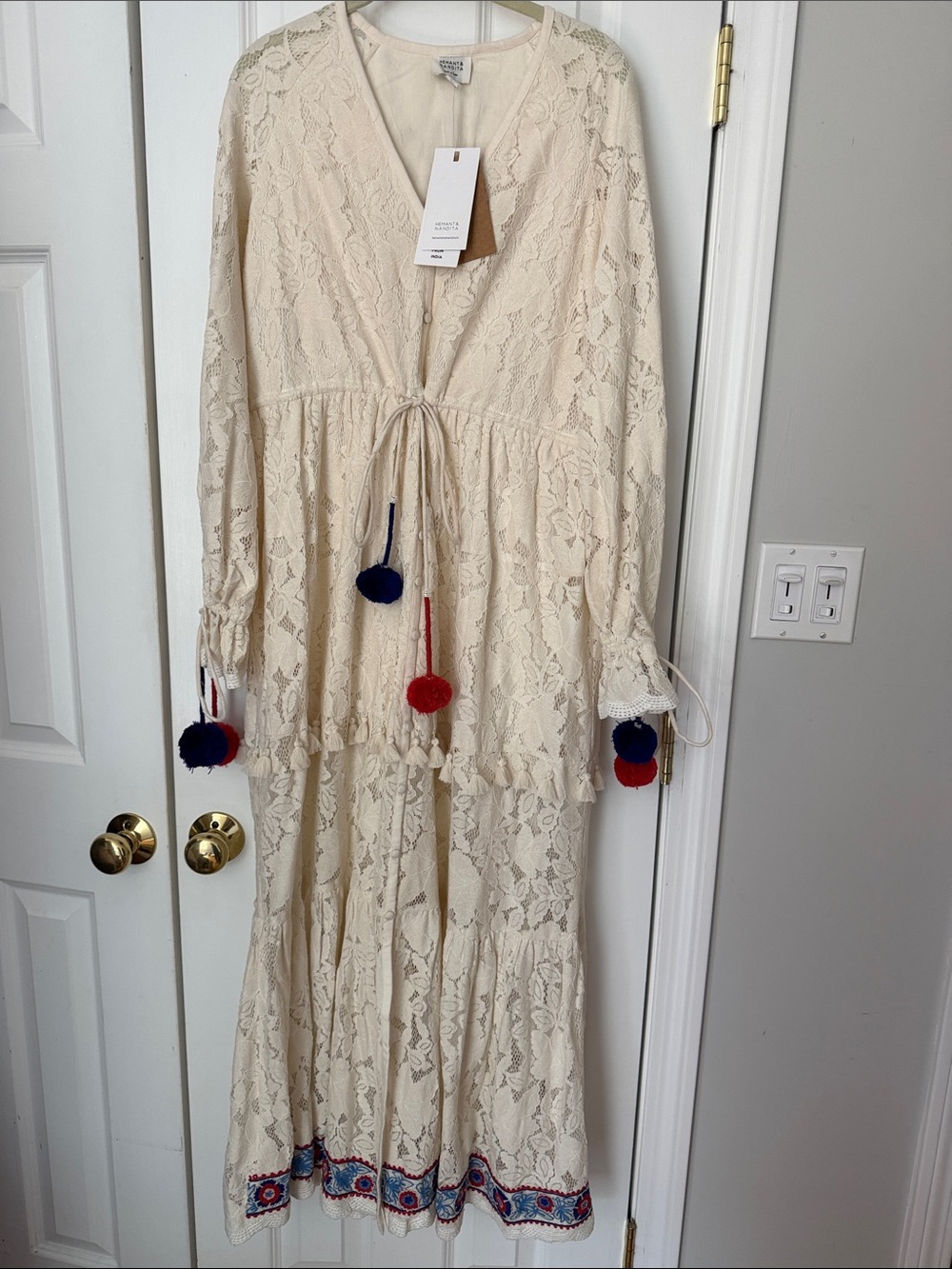 HEMANT & NANDITA Cream Lace Maxi Dress with red and blue Pom-Poms and trim L